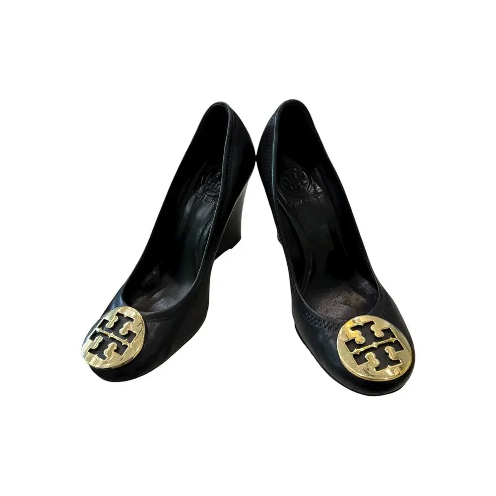 Tory Burch Sophie Logo Wedge Pumps Black Leather Women’s 6.5M